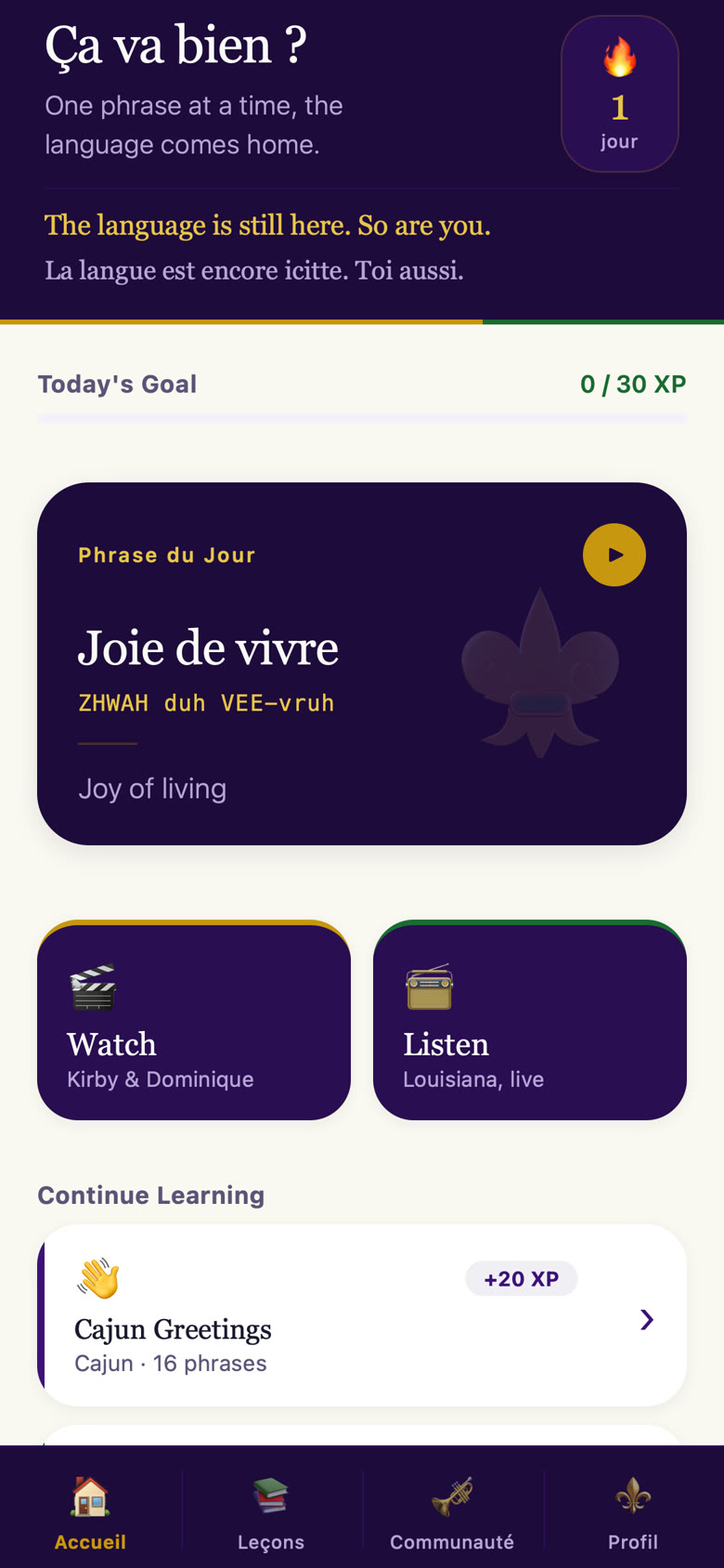 Louilingo home screen on a phone: daily goal, phrase of the day, and lesson shortcuts