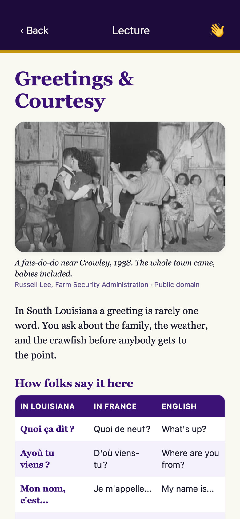 A cultural lecture on a phone: a 1938 fais-do-do photograph above a Louisiana-versus-France vocabulary table