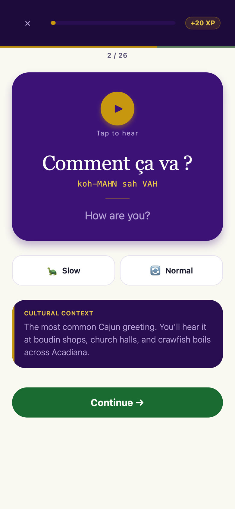 A lesson card on a phone: the phrase, its pronunciation, slow and normal audio buttons, and cultural context